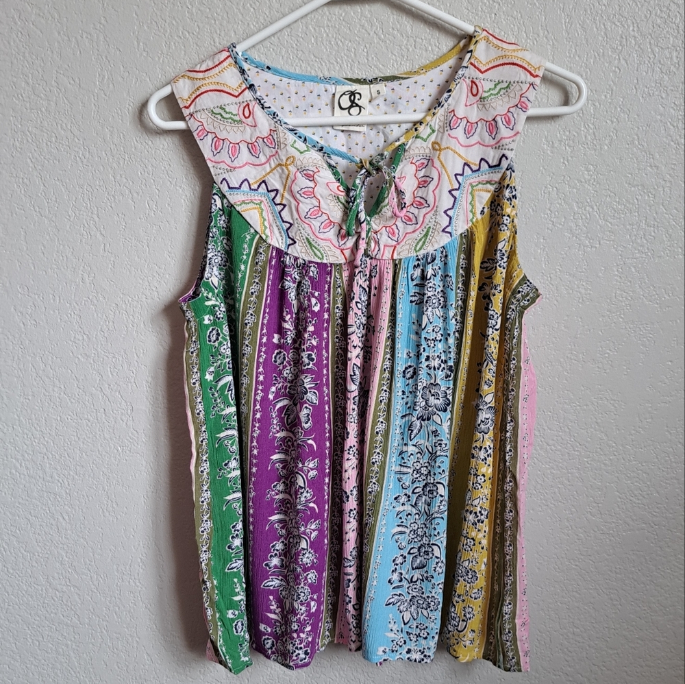 Anthropologie One September Colorful Embroidered Colorblock Tank Top Size Small
